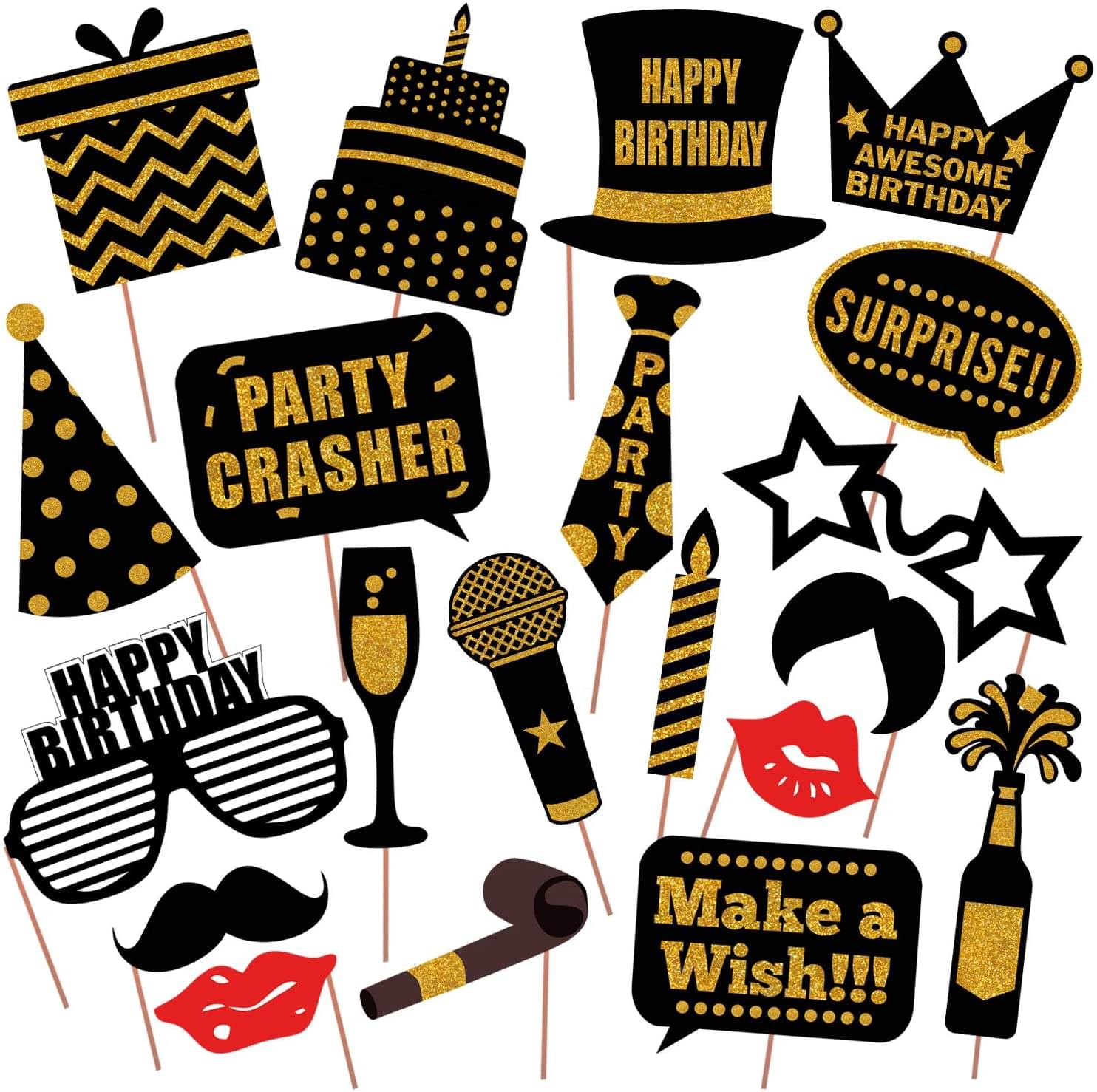     			ZYOZI Party Decoration 20 Pcs Birthday Party Photo Booth Props Funny Birthday Black and Gold Decorations with Wooden Sticks for His or Hers Birthday Celebrations/Birthday Photo Booth Props 26 Pcs/Party Supplies / Birthday Decoration / Birthday Photo Booth