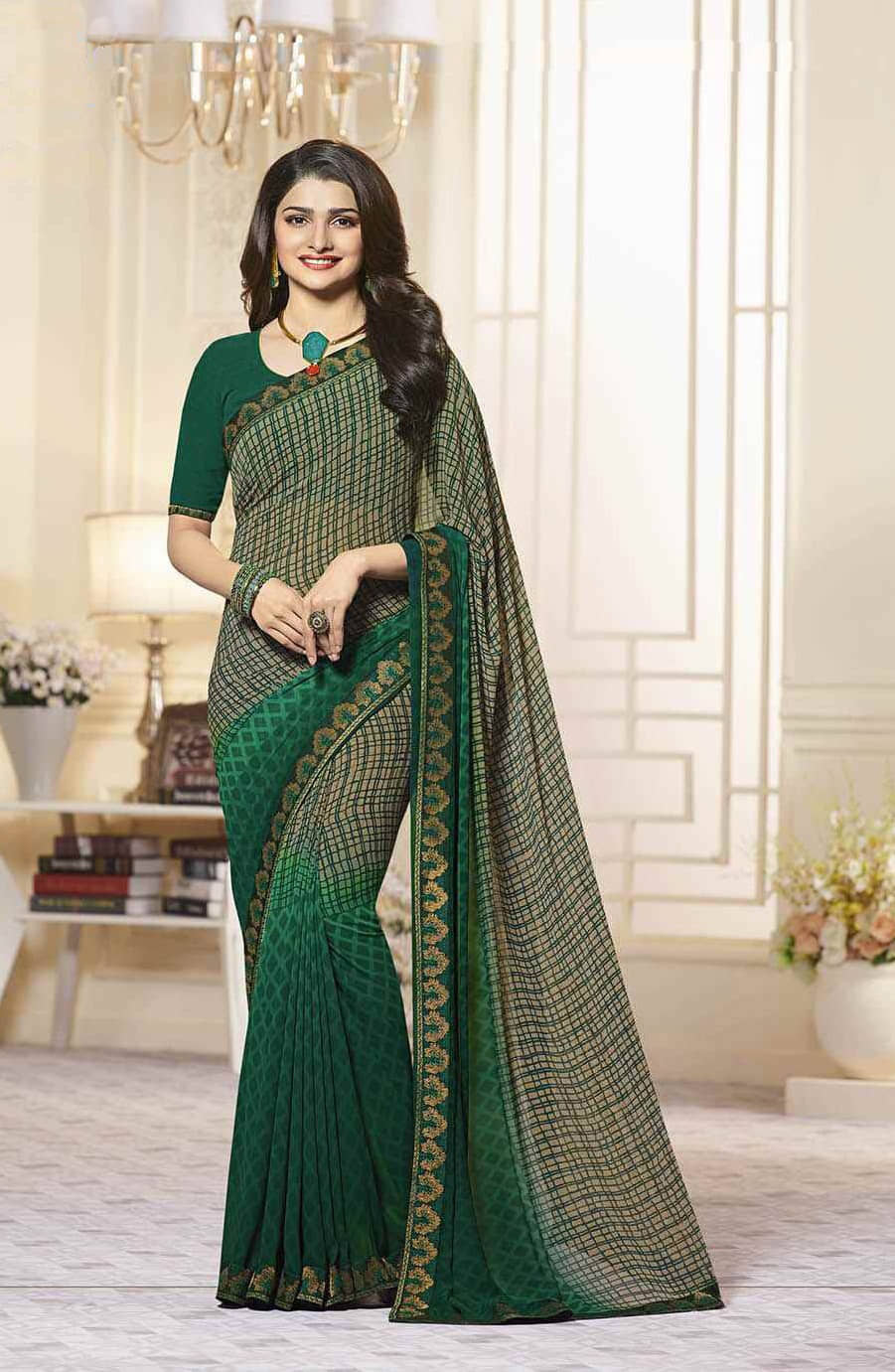 Gazal Fashions Chiffon Checks Saree With Unstitched Blouse Piece ( Green ) - Sarees | Buy online on ZillyBuy