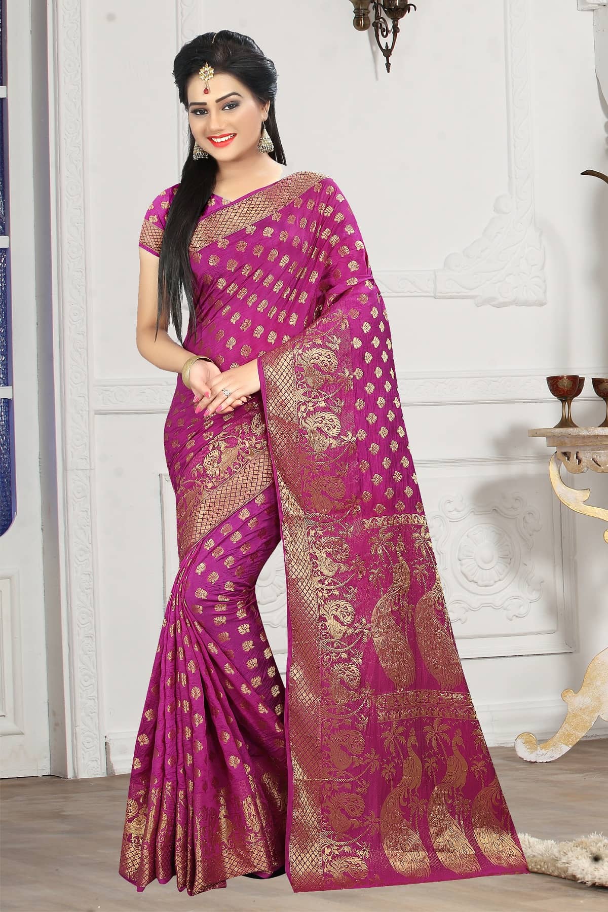 Gazal Fashions Silk Blend Printed Saree With Unstitched Blouse Piece ( Pink )