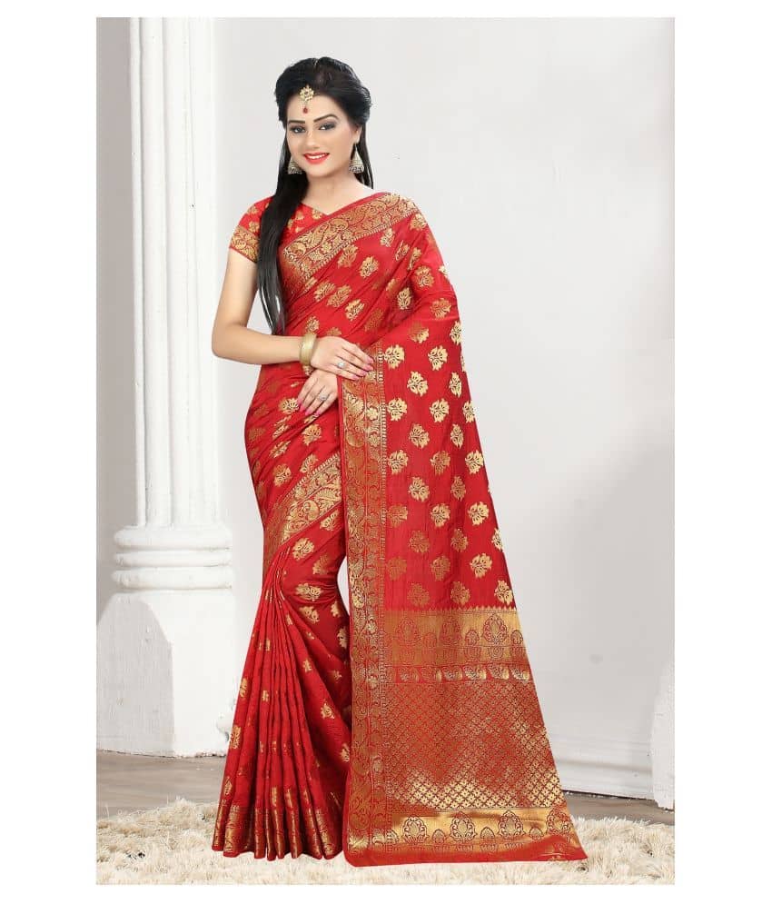 Gazal Fashions Banarasi Silk Printed Saree With Unstitched Blouse Piece ( Red ) - Sarees | Buy online on ZillyBuy