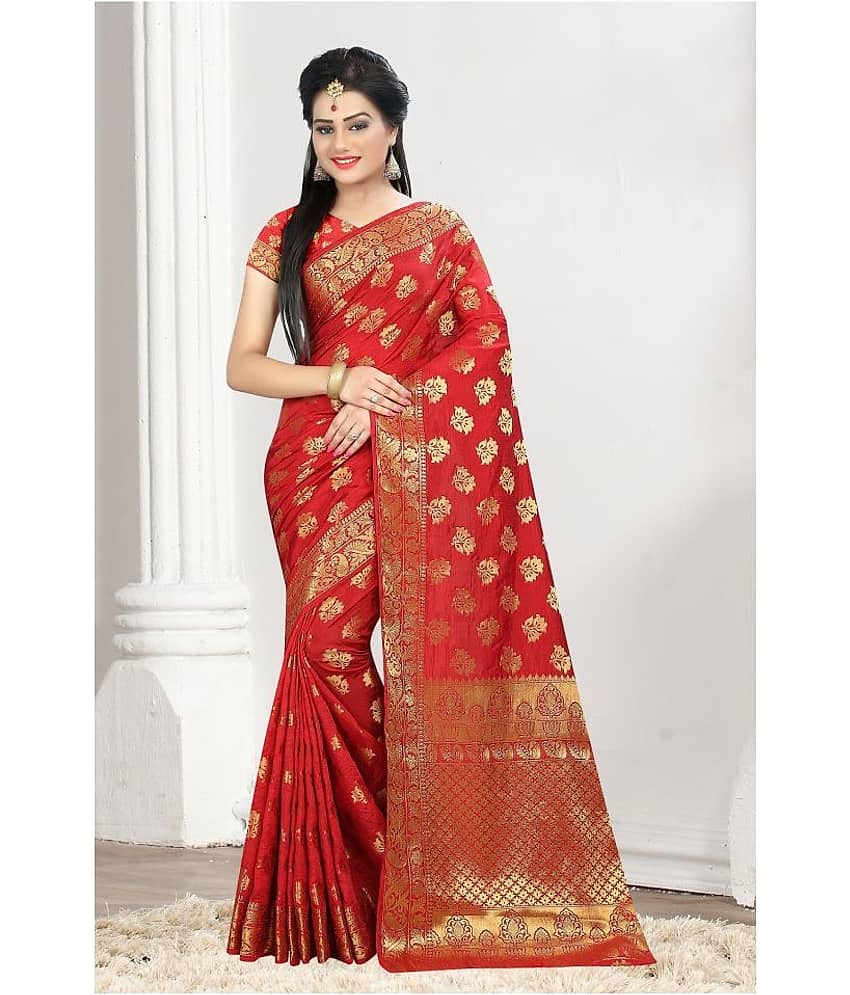 Gazal Fashions Banarasi Silk Printed Saree With Unstitched Blouse Piece ( Red ) - Sarees | Buy online on ZillyBuy