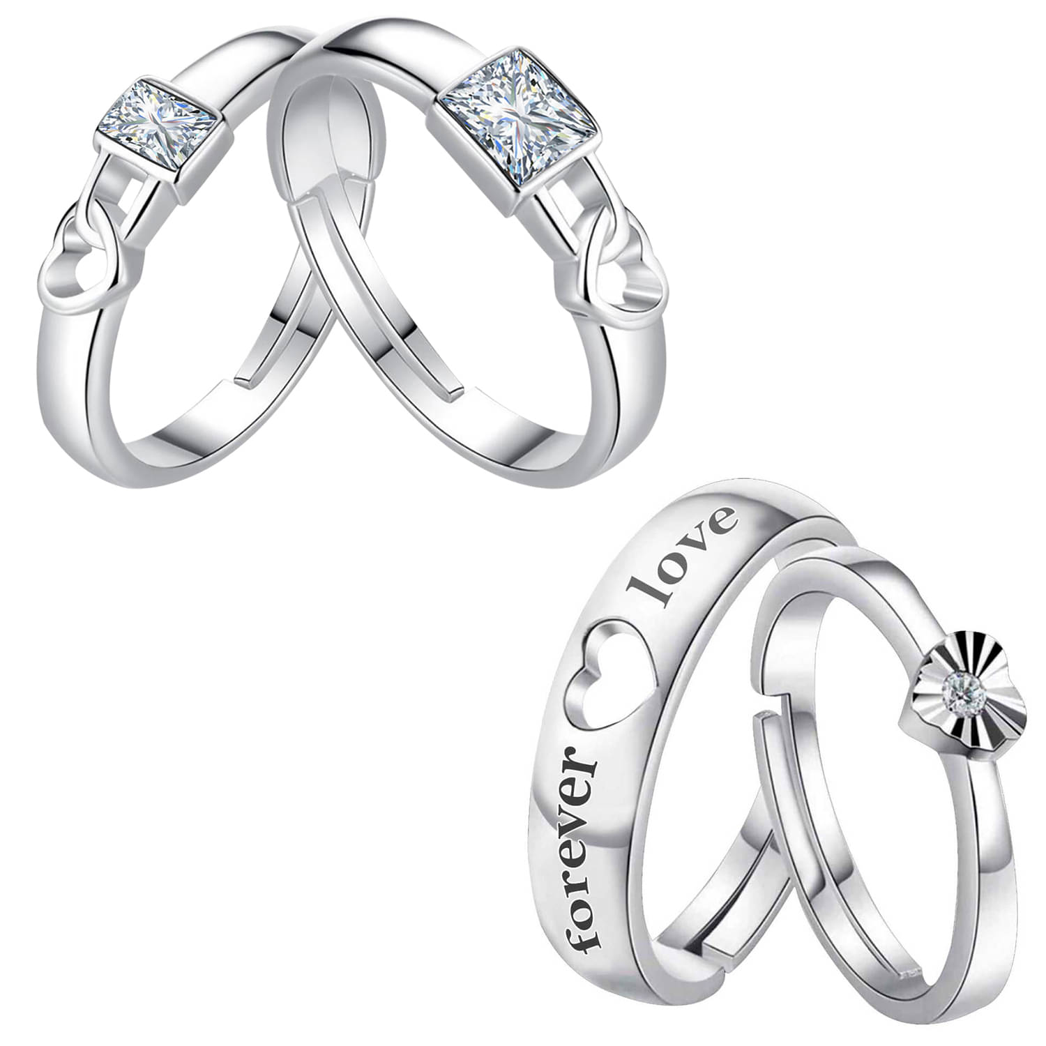     			Designer  Adjustable Couple Rings Set for lovers Silver Plated Solitaire for Men and Women 2 Pair