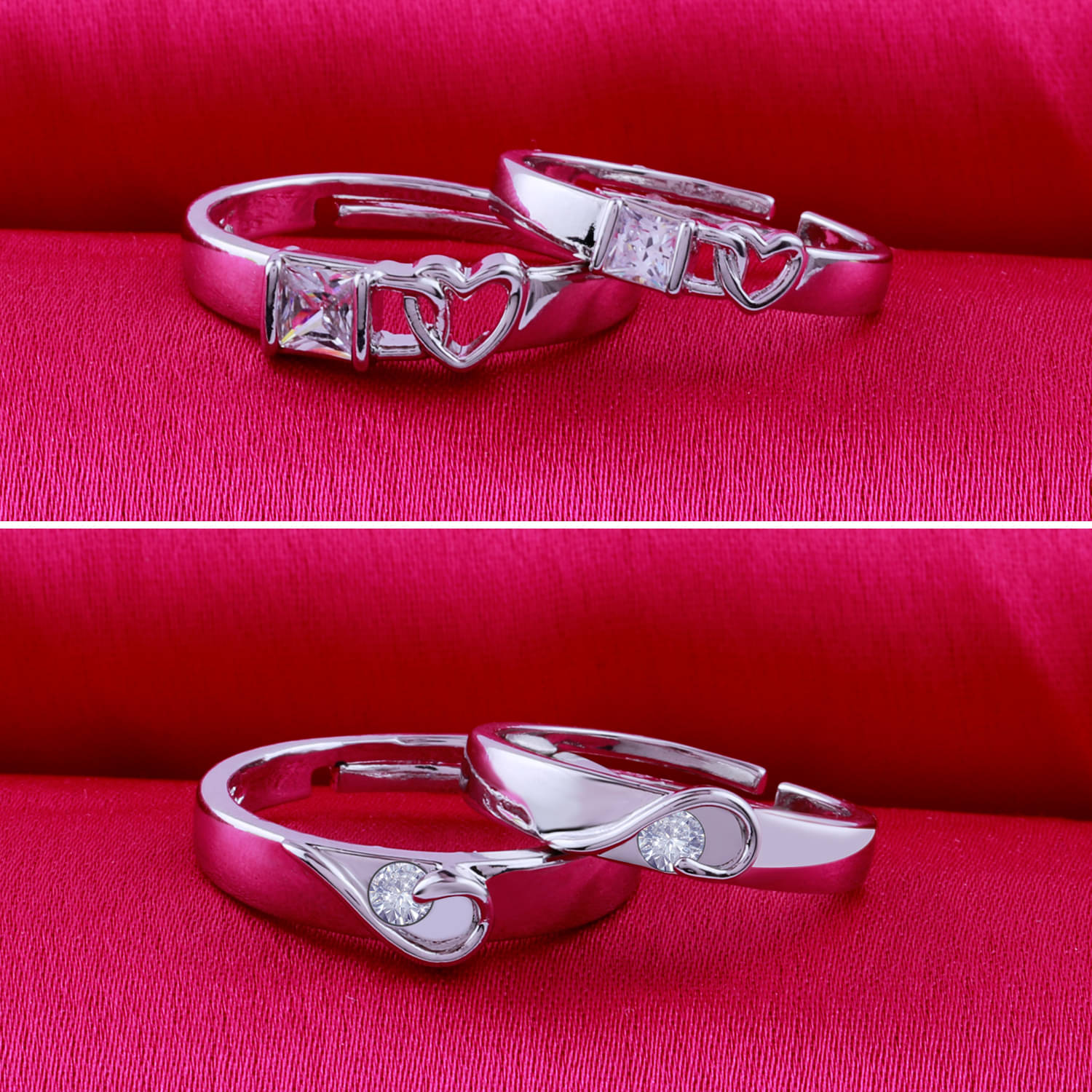     			Designer  Adjustable Couple Rings Set for lovers Silver Plated Stylish  Solitaire for Men and Women 2 Pair
