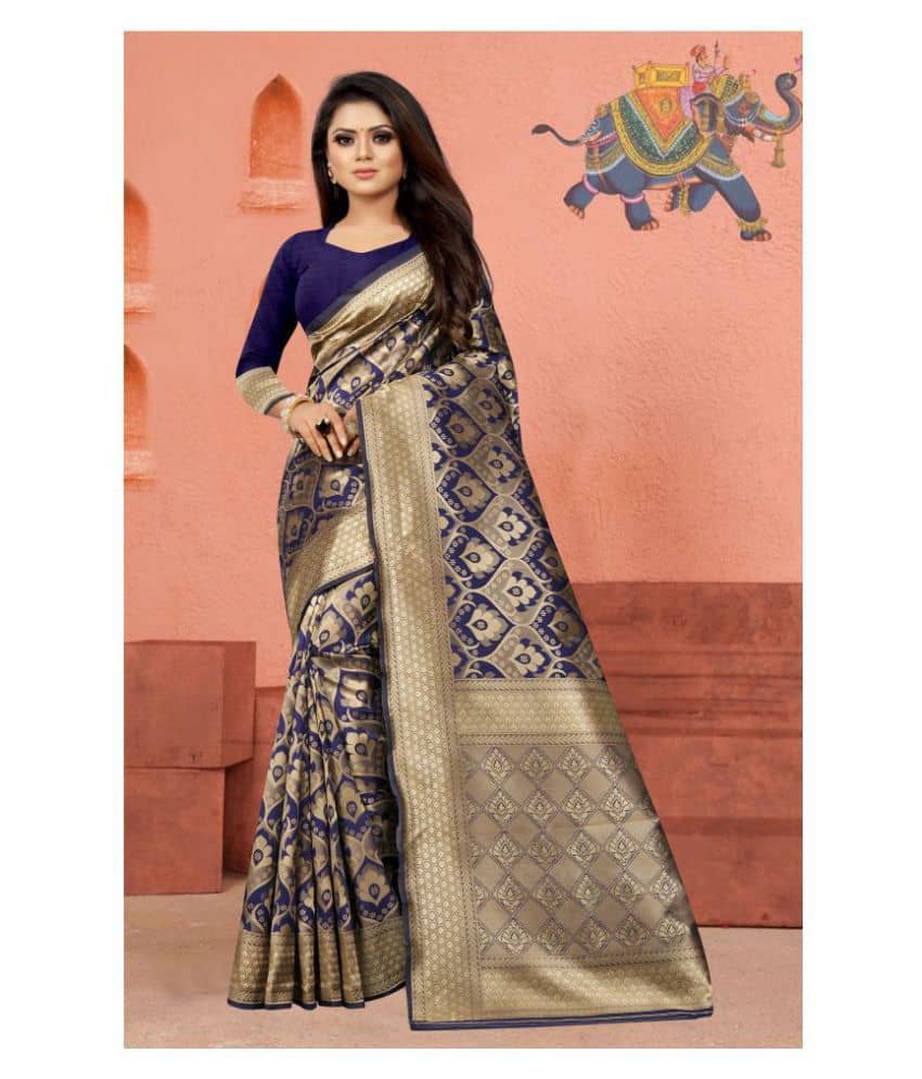 Gazal Fashions Banarasi Silk Printed Saree With Unstitched Blouse Piece ( Blue ) - Sarees | Buy online on ZillyBuy