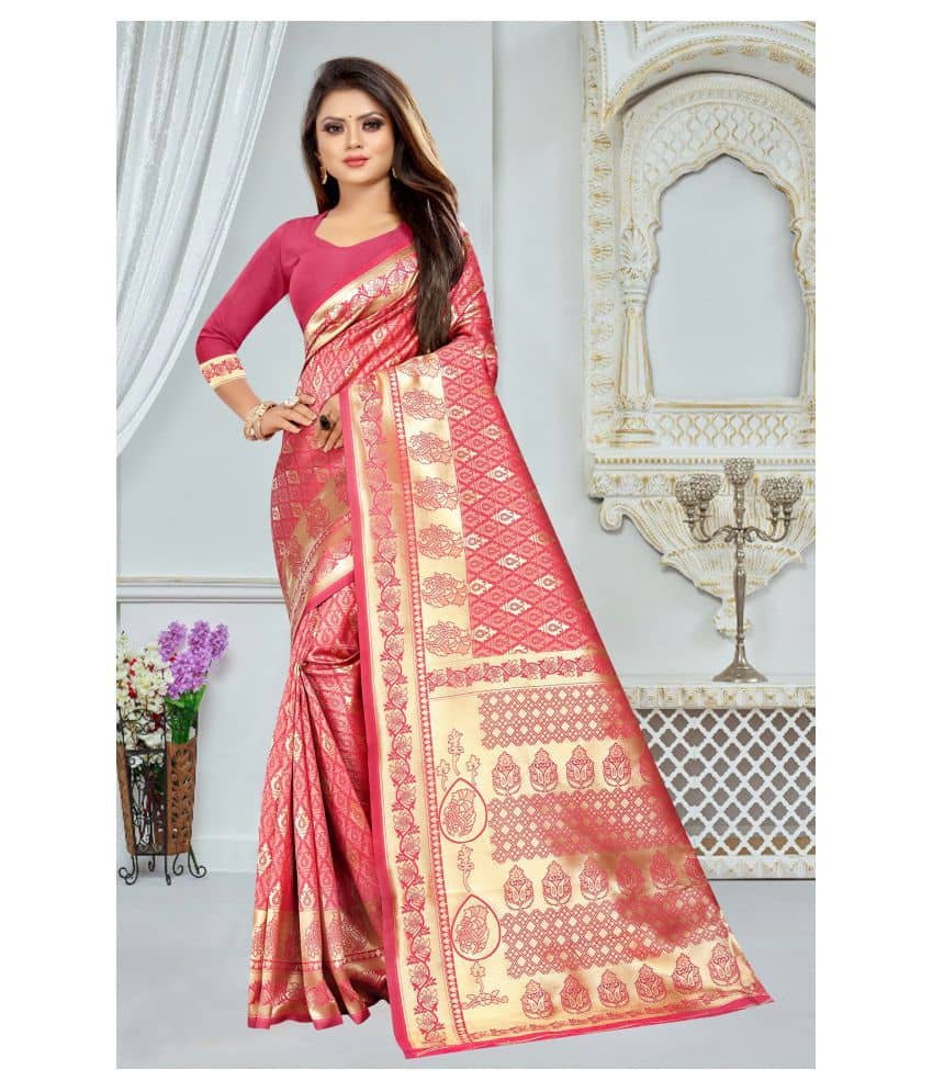 Gazal Fashions Banarasi Silk Self Design Saree With Unstitched Blouse Piece ( Pink ) - Sarees | Buy online on ZillyBuy