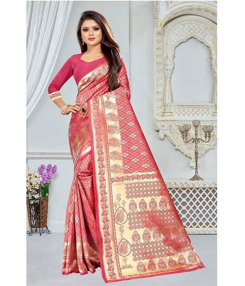 Gazal Fashions Banarasi Silk Self Design Saree With Unstitched Blouse Piece ( Pink ) - Sarees | Buy online on ZillyBuy