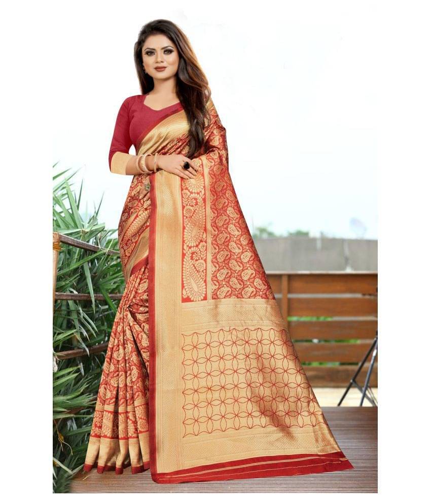     			Gazal Fashions Banarasi Silk Printed Saree With Unstitched Blouse Piece ( Red )