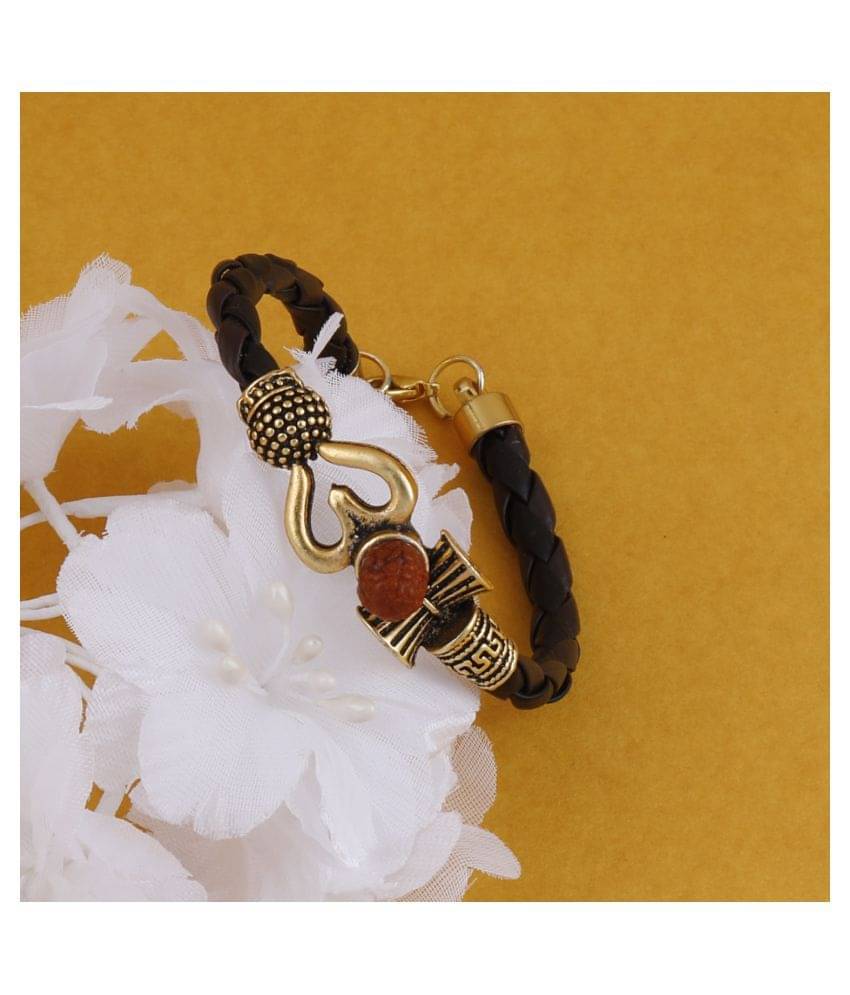     			Rudraksha OM Trishul Damroo Designer Oxidized Gold Bahubali Leather Kada Bracelet Unisex Bracelets for Men & Women