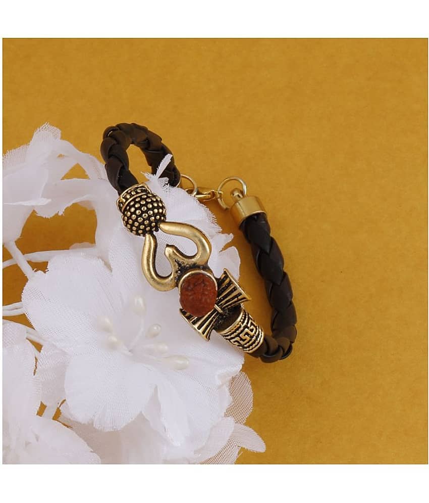 Rudraksha OM Trishul Damroo Designer Oxidized Gold Bahubali Leather Kada Bracelet Unisex Bracelets for Men & Women - Bangles & Bracelets | Buy online on ZillyBuy