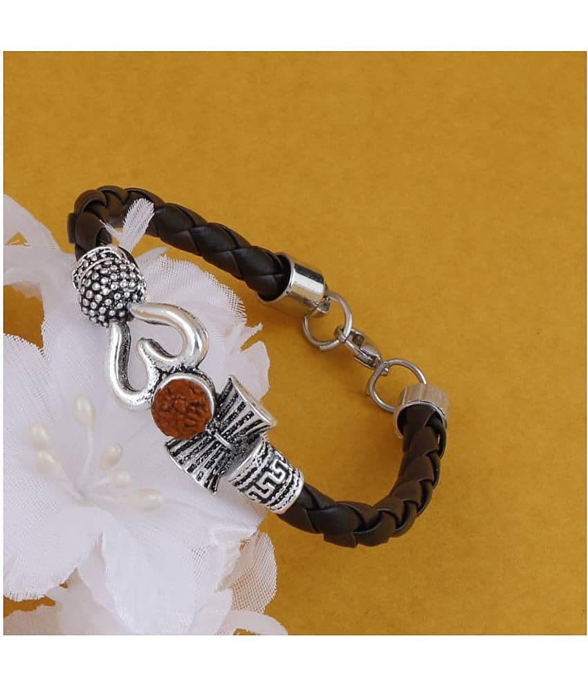 Rudraksha OM Trishul Damroo Designer Oxidized Silver Bahubali Leather Kada Bracelet Unisex Bracelets for Men & Women - Bangles & Bracelets | Buy online on ZillyBuy