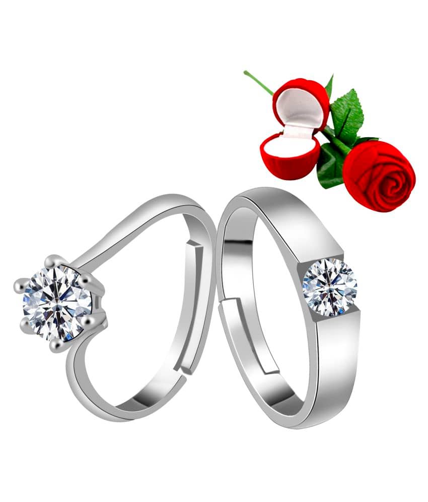 Silver Plated Adjustable Couple Rings Set for lovers Ring with 1 Piece Red Rose Gift Box  for Men and Women