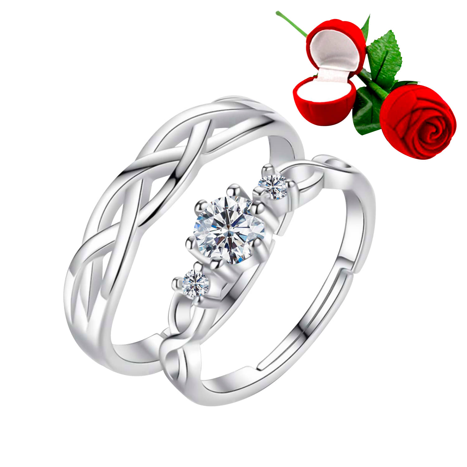 Silver Plated Adjustable Couple Rings Set for lovers Ring with 1 Piece Red Rose Gift Box  for Men and Women