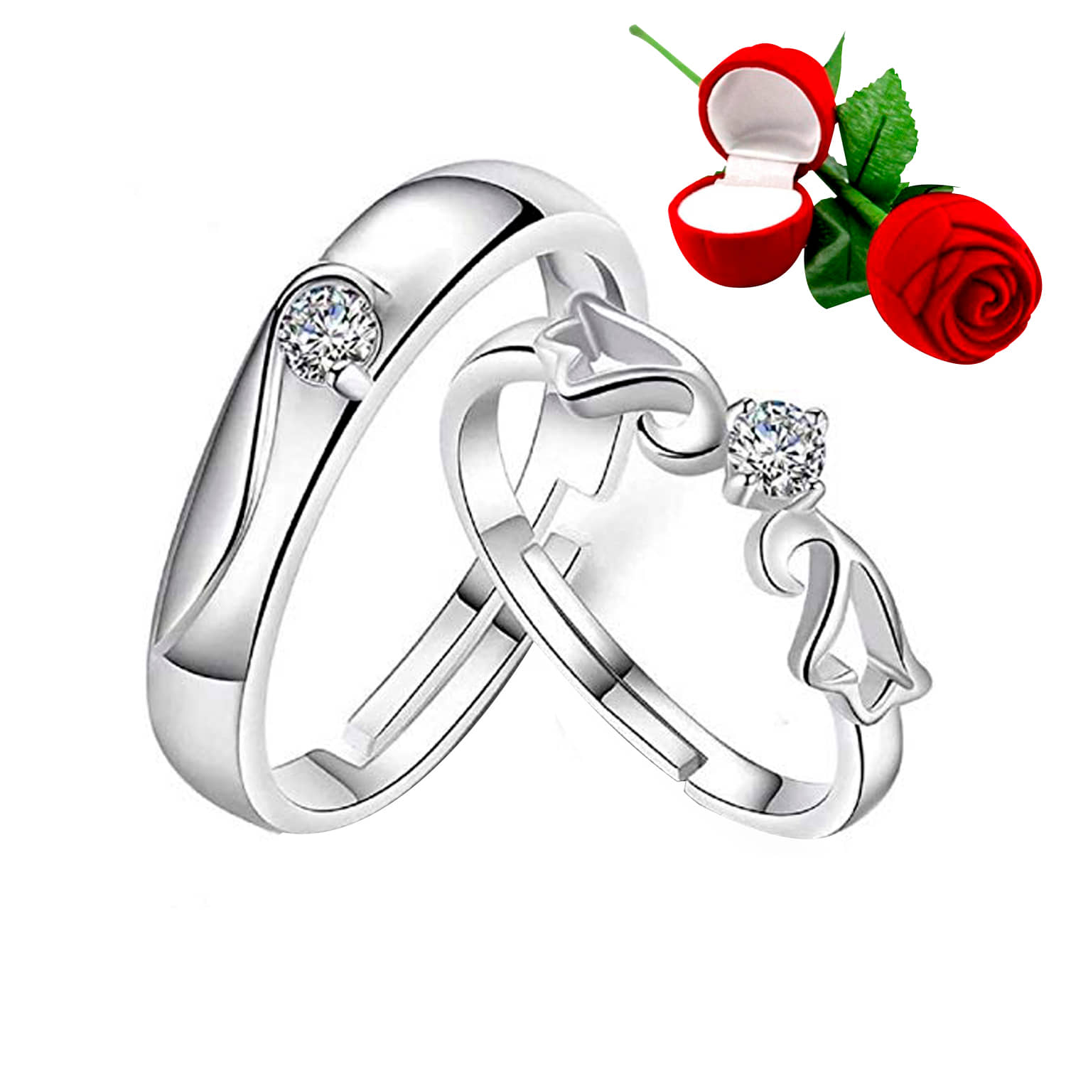 Silver Plated Adjustable Couple Rings Set for lovers Ring with 1 Piece Red Rose Gift Box  for Men and Women