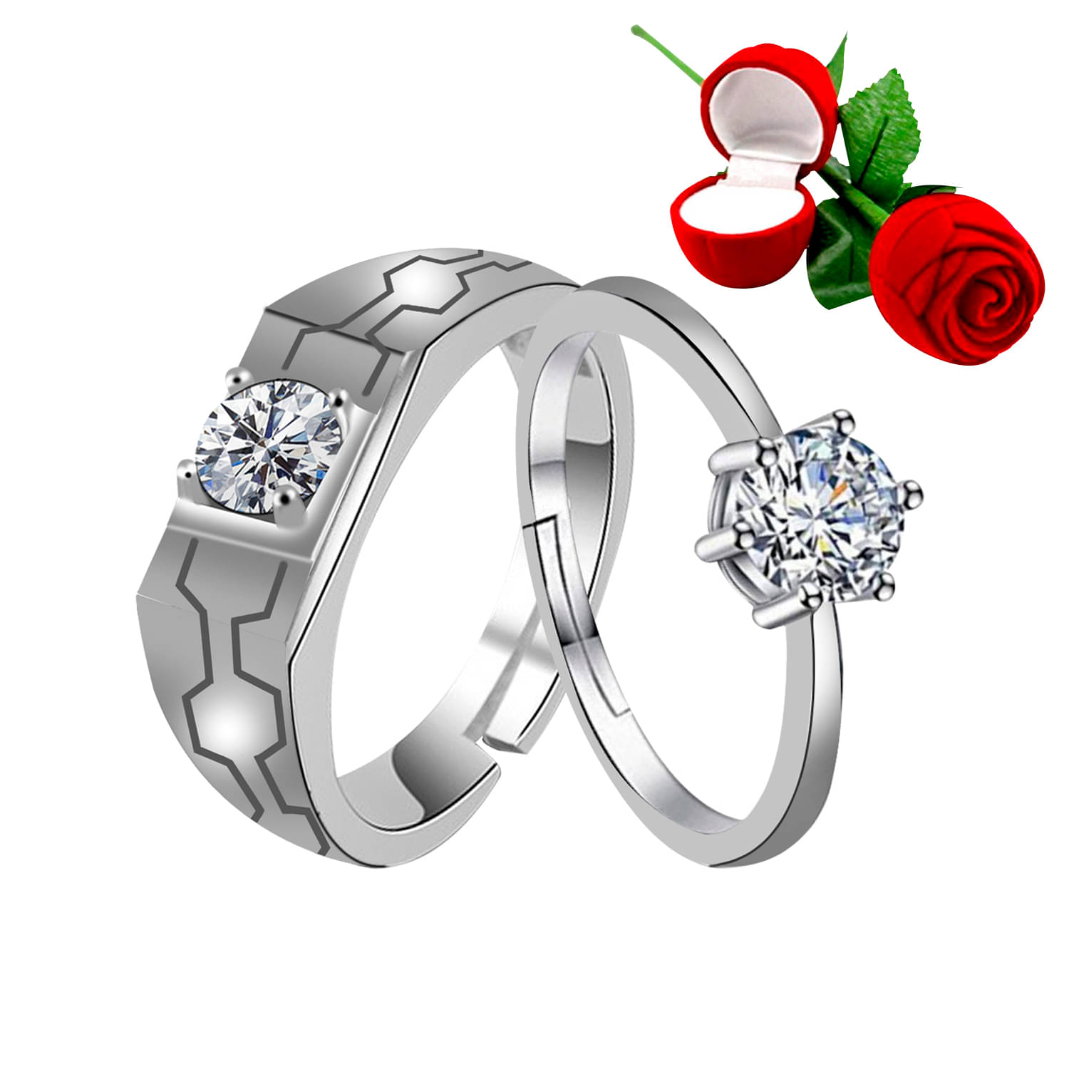    			Silver Plated Adjustable Couple Rings Set for lovers Ring with 1 Piece Red Rose Gift Box  for Men and Women