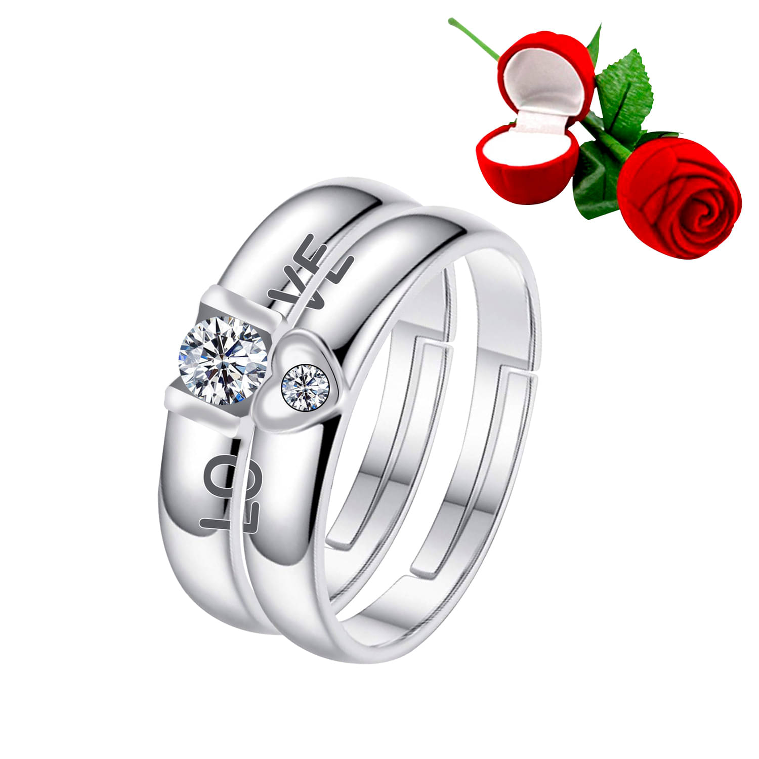 Silver Plated Adjustable Couple Rings Set for lovers Ring with 1 Piece Red Rose Gift Box for Men and Women Silver Plated Adjustable Couple Rings Set for lovers Ring with 1 Piece Red Rose Gift Box for Men and Women