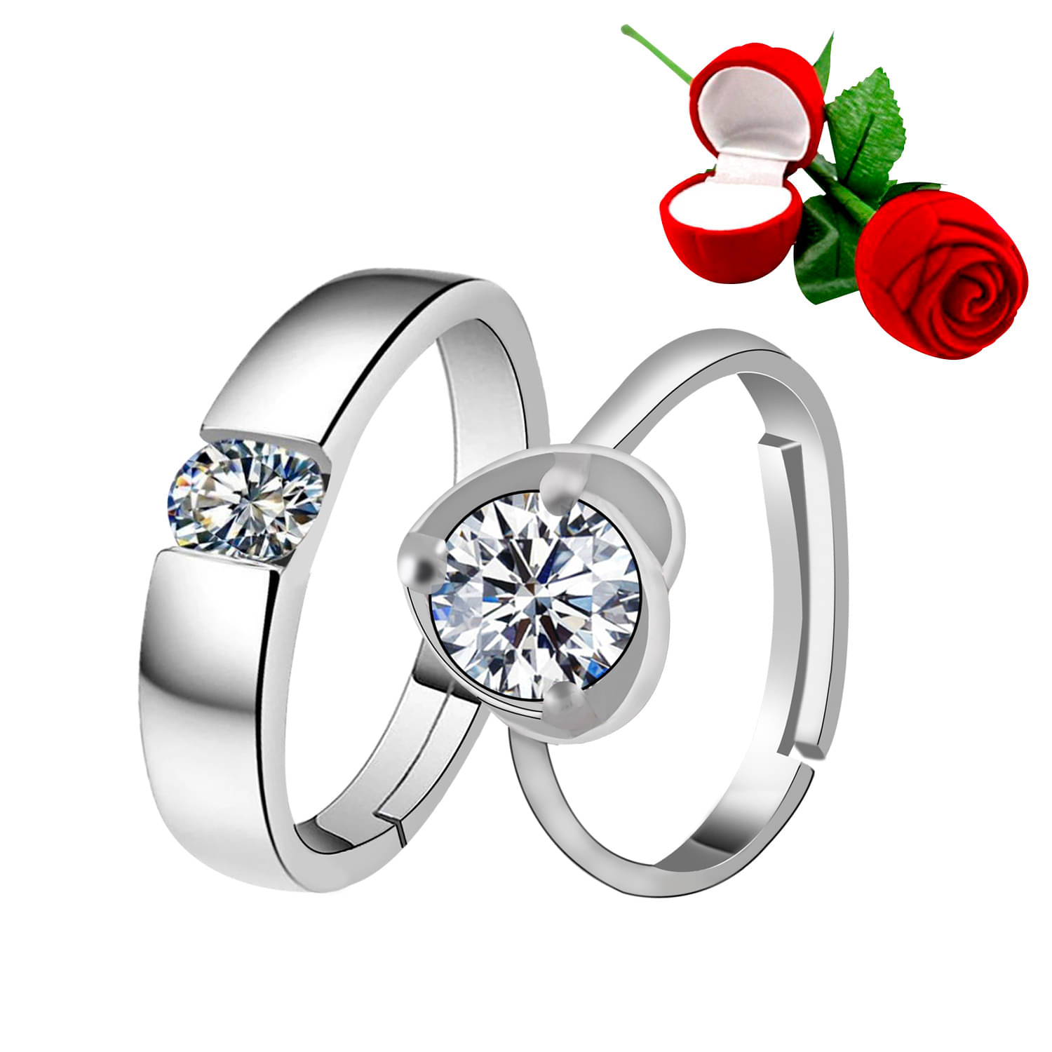     			Silver Plated Adjustable Couple Rings Set for lovers Ring with 1 Piece Red Rose Gift Box  for Men and Women