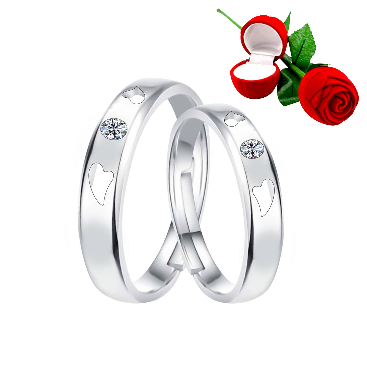     			Silver Plated Adjustable Couple Rings Set for lovers Ring with 1 Piece Red Rose Gift Box  for Men and Women