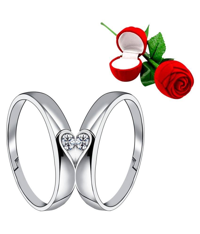     			Silver Plated Adjustable Couple Rings Set for lovers Ring with 1 Piece Red Rose Gift Box  for Men and Women