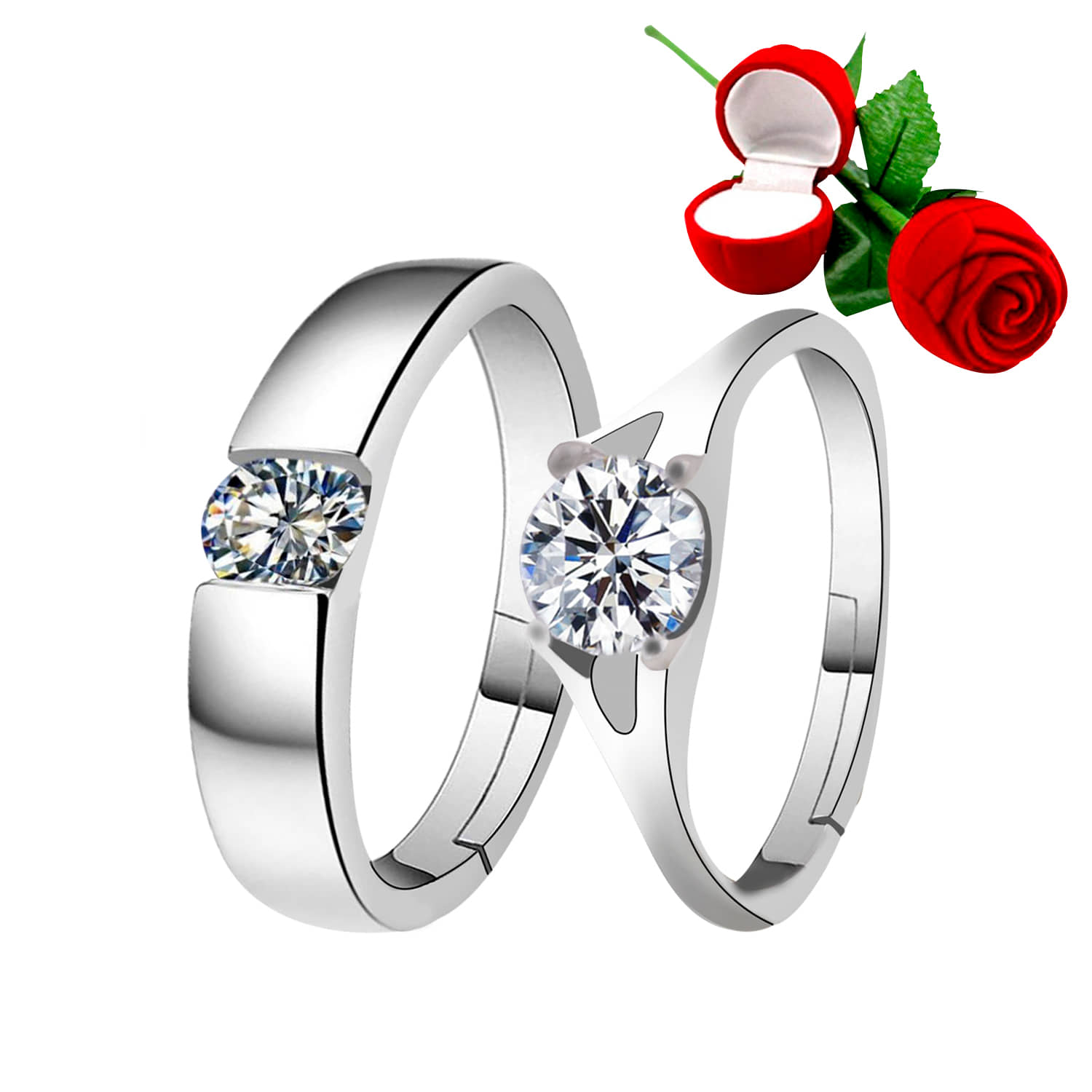 Silver Plated Adjustable Couple Rings Set for lovers Ring with 1 Piece Red Rose Gift Box  for Men and Women