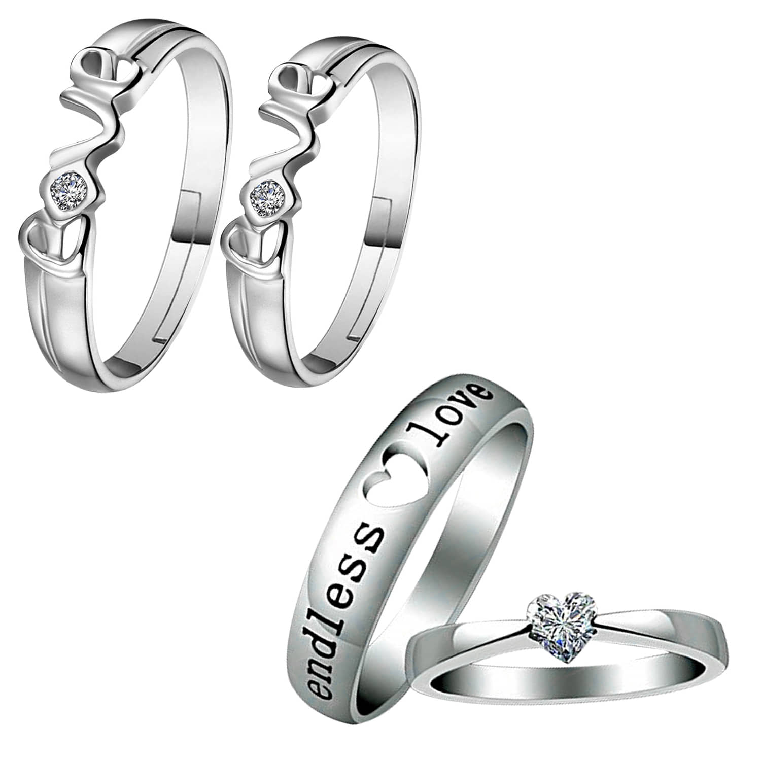 Silver Plated  Adjustable Couple Rings Set for lovers Solitaire for Men and Women 2 Pair
