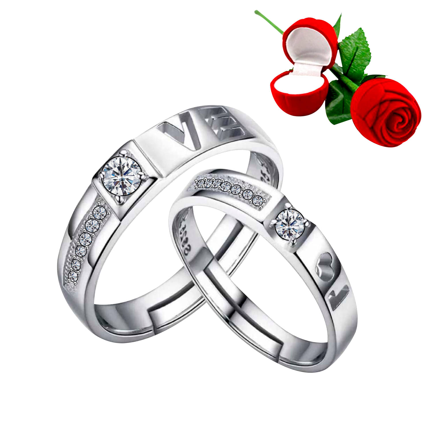     			Silver Plated Adjustable Couple Rings Set for lovers Ring with 1 Piece Red Rose Gift Box  for Men and Women