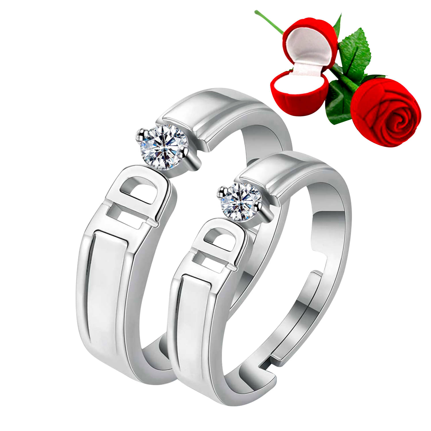     			Silver Plated Adjustable Couple Rings Set for lovers Ring with 1 Piece Red Rose Gift Box  for Men and Women