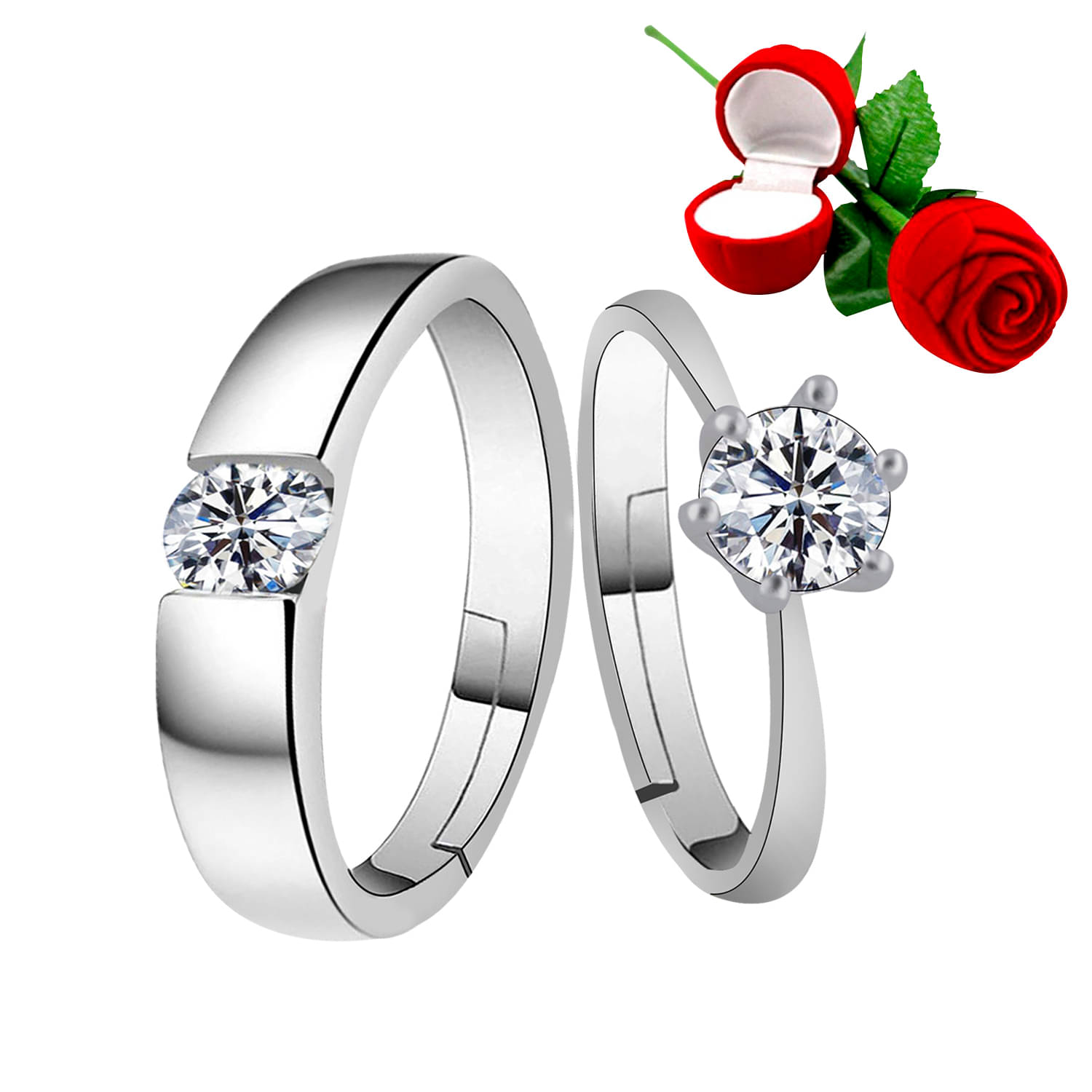     			Silver Plated Adjustable Couple Rings Set for lovers Ring with 1 Piece Red Rose Gift Box  for Men and Women