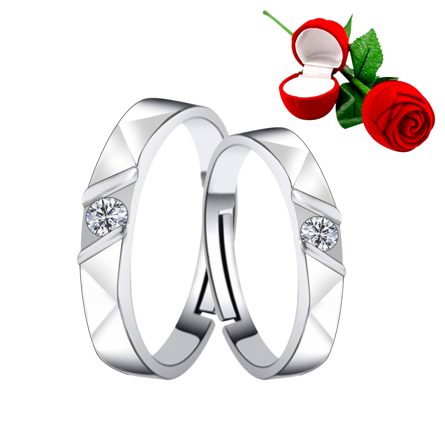 Silver Plated Adjustable Couple Rings Set for lovers Ring with 1 Piece Red Rose Gift Box  for Men and Women