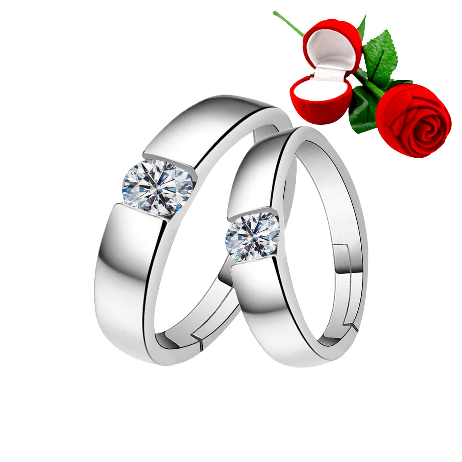    			Silver Plated Adjustable Couple Rings Set for lovers Ring with 1 Piece Red Rose Gift Box  for Men and Women