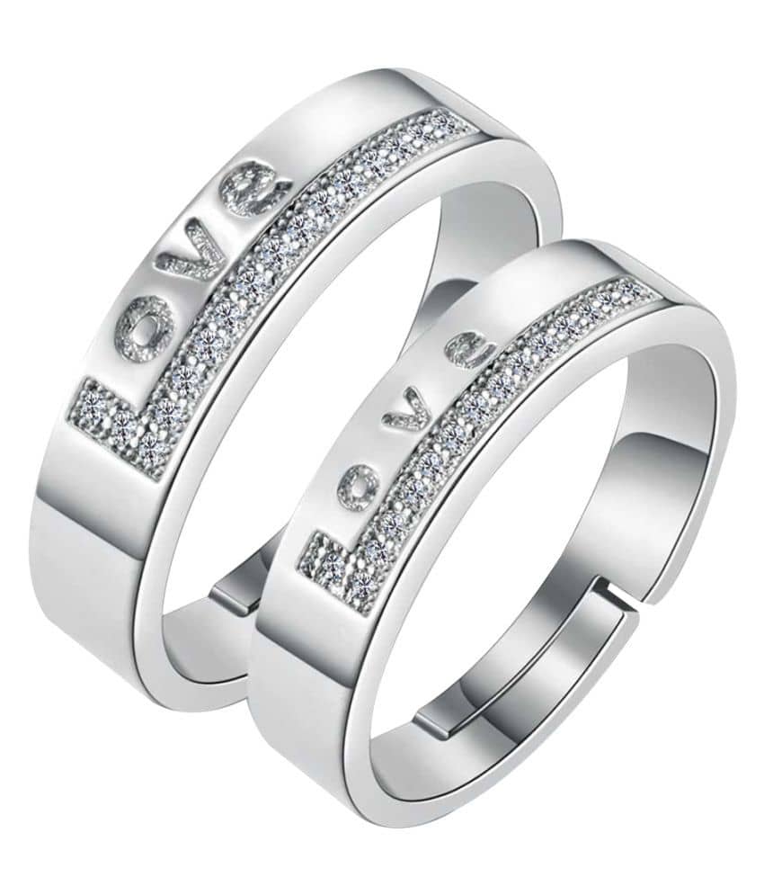 silver plated ring simbol of love decorated of diamond adjustable couple ring for men and women.