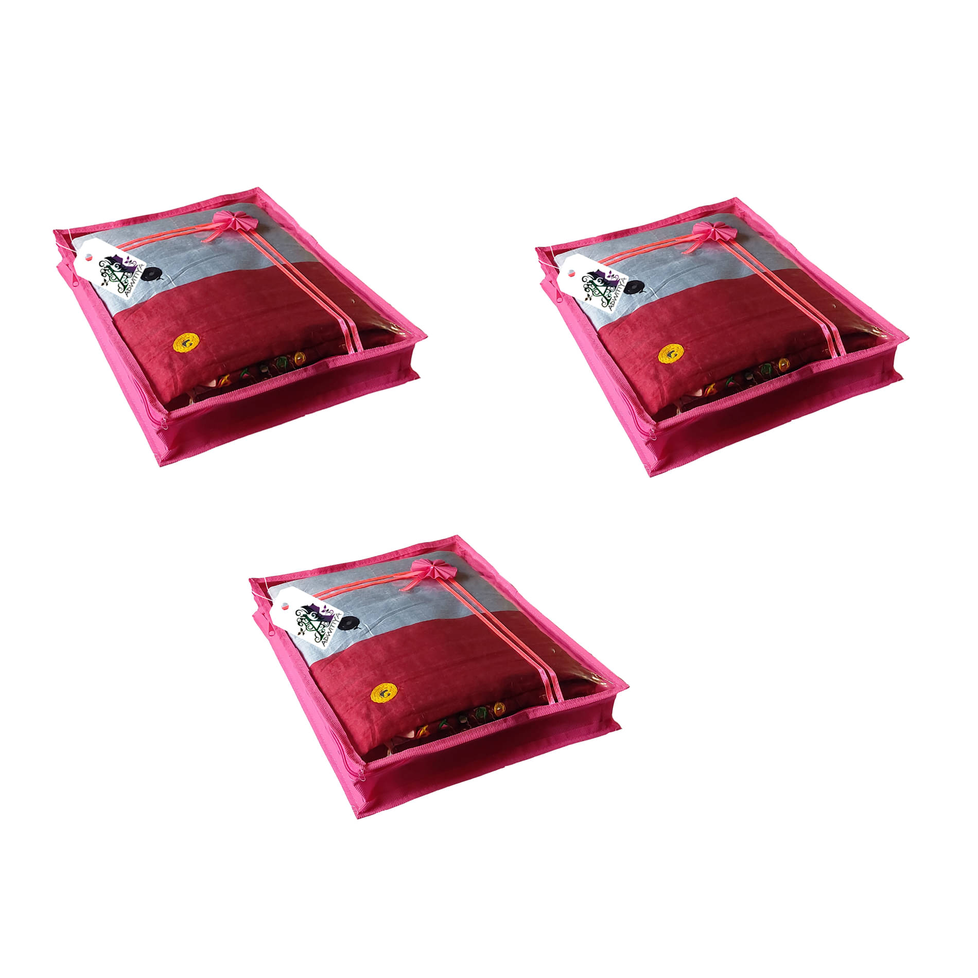 ADWITIYA - Set of 3 - Flower Design Nonwoven Saree / Salwar Suit / Shirt / Jeans / Bedsheet / Garment / Cloth Storage Organizer Cover Case - Pink ADWITIYA - Set of 3 - Flower Design Nonwoven Saree / Salwar Suit / Shirt / Jeans / Bedsheet / Garment / Cloth Storage Organizer Cover Case - Pink