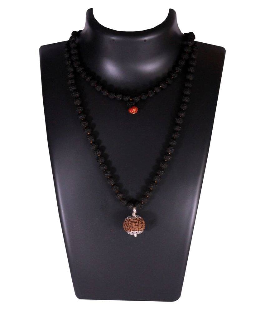     			ShivaRatna 3 Mukhi Guru Mani / Bead (5 Mukhi Black Rudraksha Mala) Silver Cap - Lab Certified
