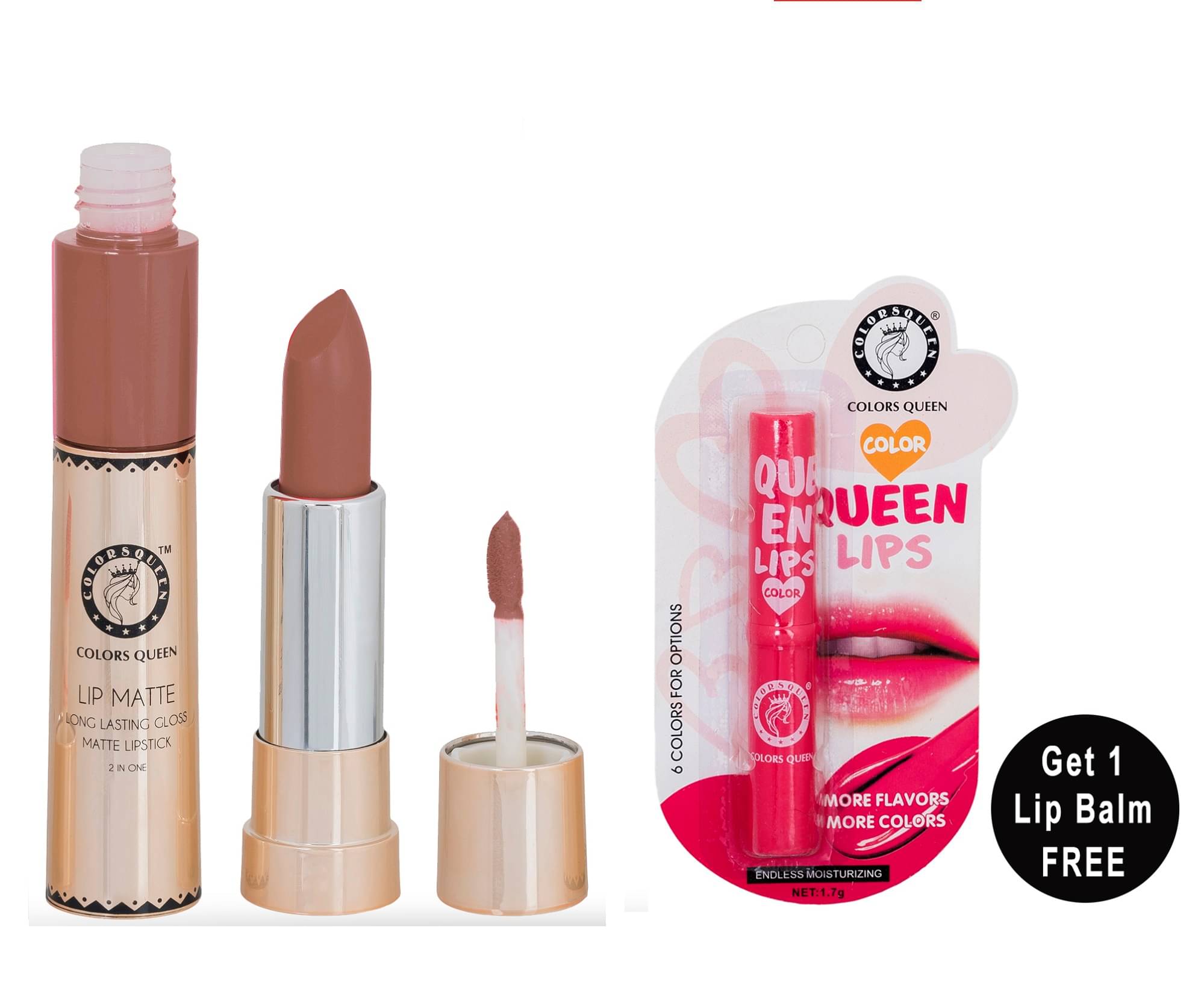     			Colors Queen 2 in 1 Matte Finish Water Proof Lipstick Nude With Hydrating Lip Balm (Combo of 2)