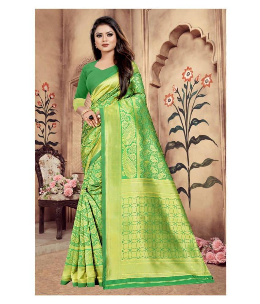 Gazal Fashions Banarasi Silk Self Design Saree With Unstitched Blouse Piece ( Green ) - Sarees | Buy online on ZillyBuy