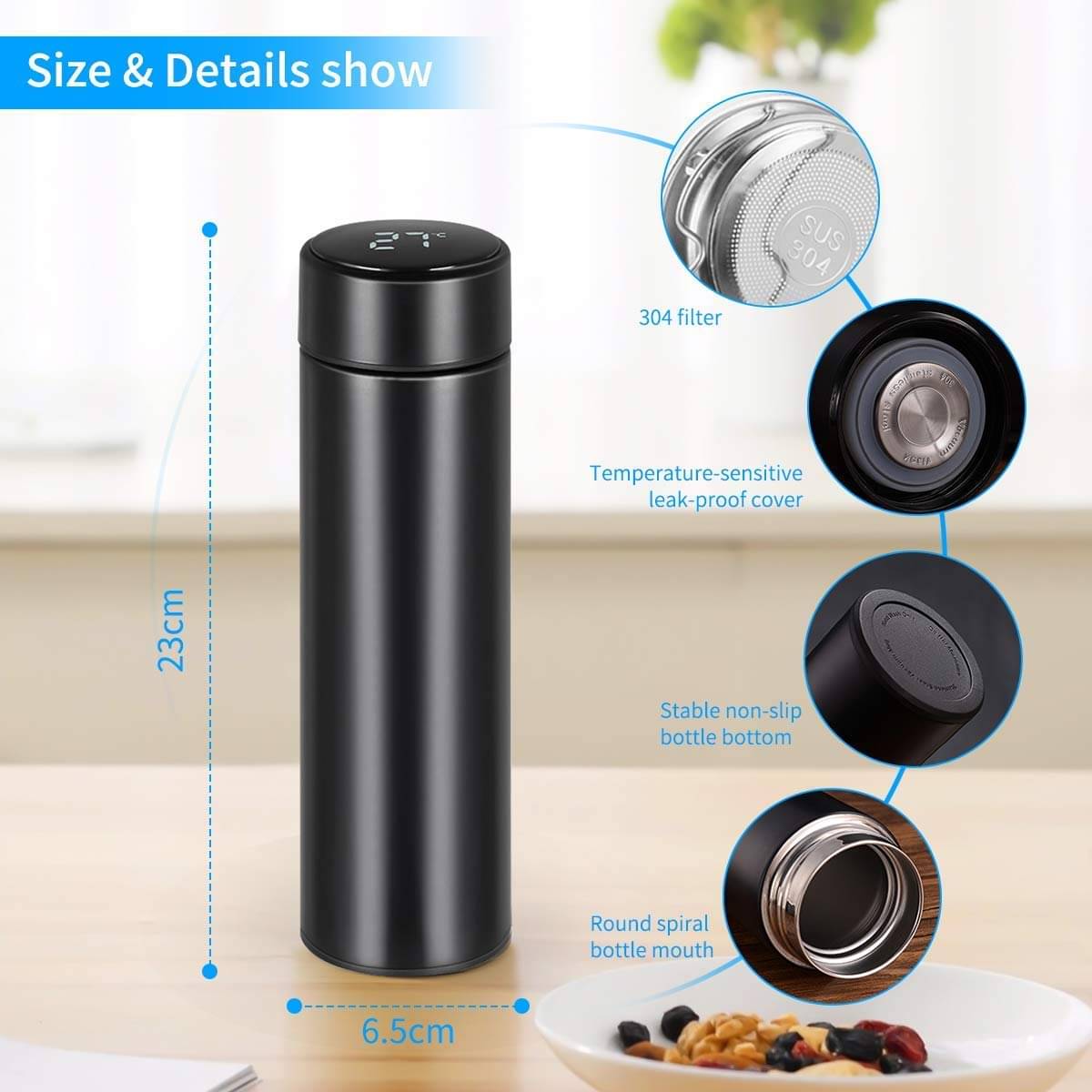 BAWALY Water Bottle with LED Temperature Display Black 500 mL Steel Water Bottle set of 1 BAWALY Water Bottle with LED Temperature Display Black 500 mL Steel Water Bottle set of 1