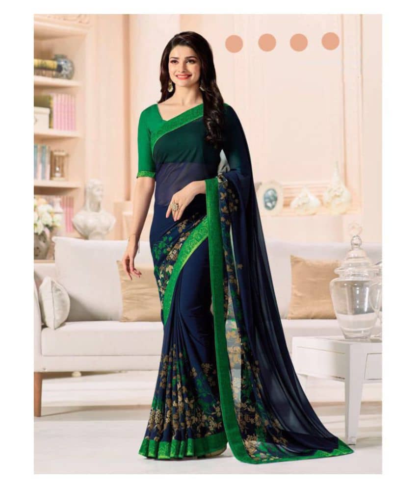 Gazal Fashions Chiffon Printed Saree With Unstitched Blouse Piece ( Blue ) - Sarees | Buy online on ZillyBuy