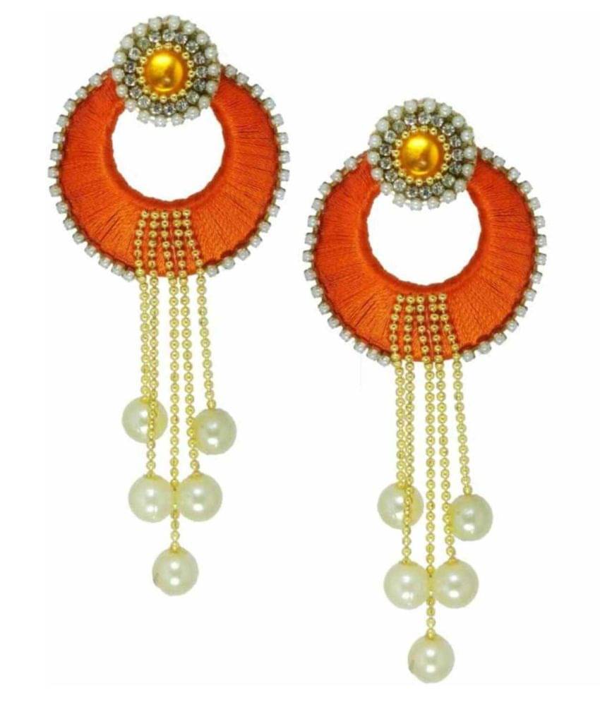     			Silk Thread Yellow Chandbali Earrings For Womens and Girls Silk Dori Chandwali Earrings Beads Silk Dori Fabric Chandbali Earring