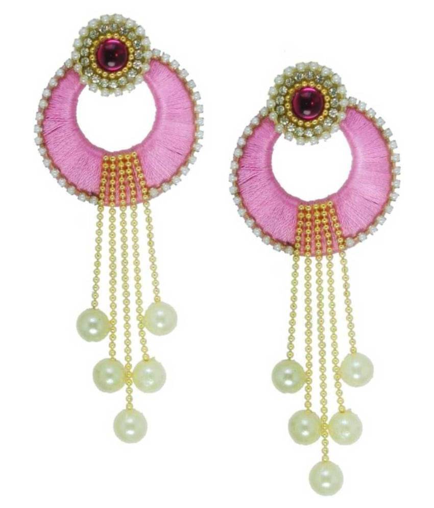     			Silk Thread Yellow Chandbali Earrings For Womens and Girls Silk Dori Chandwali Earrings Beads Silk Dori Fabric Chandbali Earring