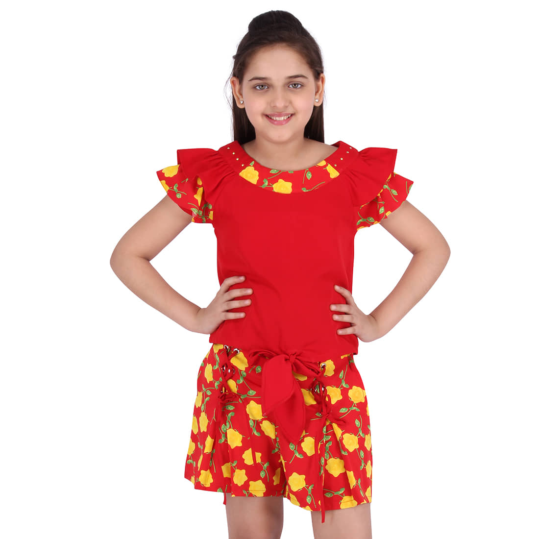 Cutecumber Pack of 1 Girls Georgette Top With Shorts ( Red )