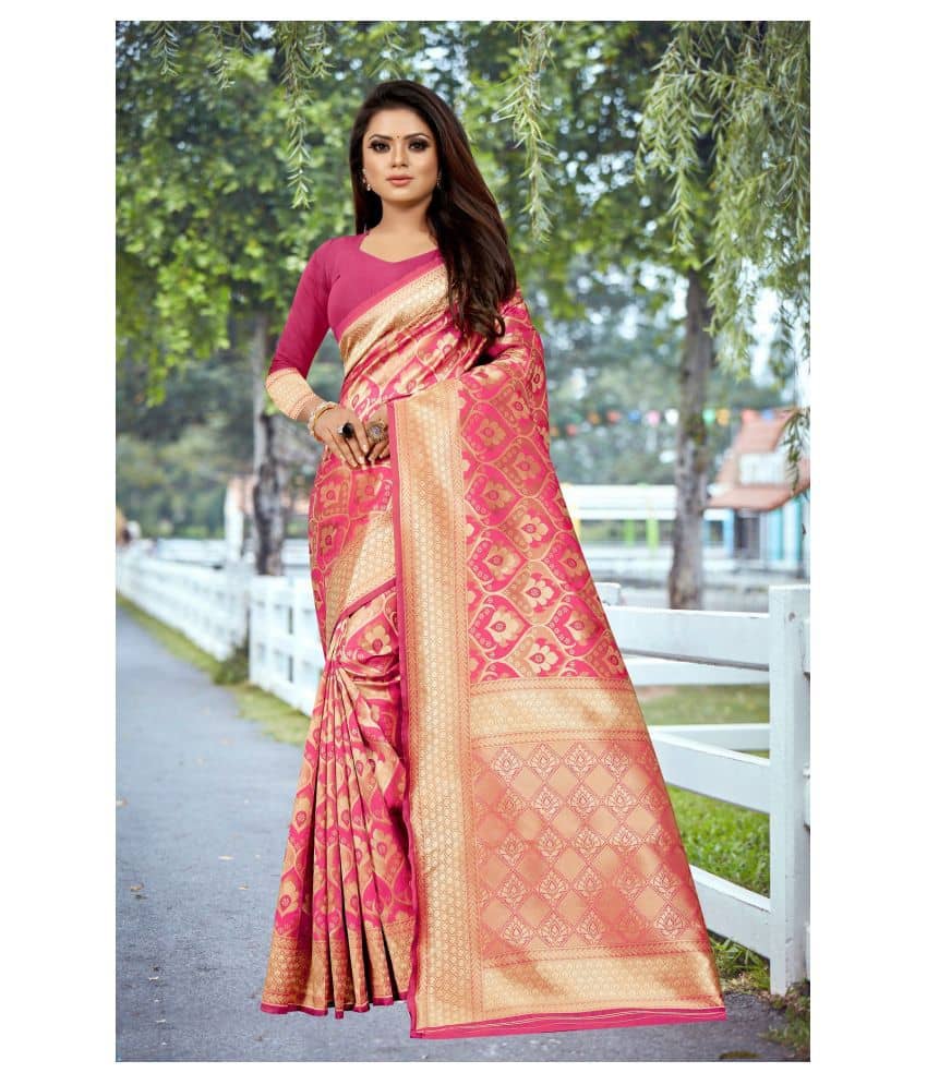 Gazal Fashions Banarasi Silk Printed Saree With Unstitched Blouse Piece ( Pink ) - Sarees | Buy online on ZillyBuy