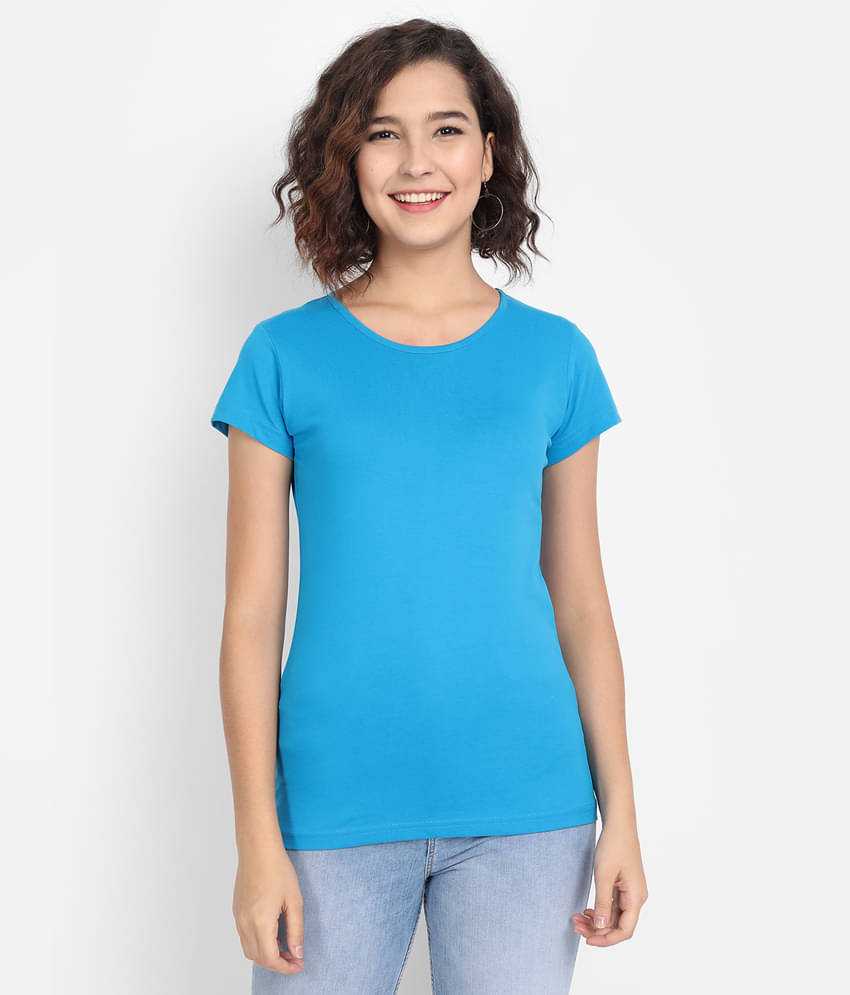     			Be Awara Women Cotton Solid Regular Fit Round Neck T-Shirt ( Blue )