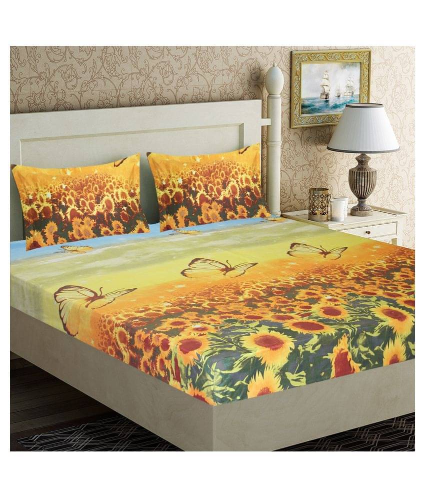     			Home Candy Microfiber Floral Double Bedsheet with 2 Pillow Covers- Yellow