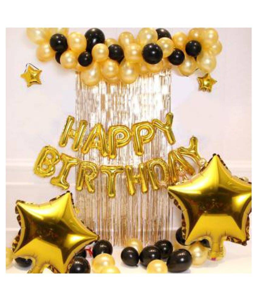     			Pixelfox Solid Happy Birthday Golden 13 Foil Letters + 2 Golden Stars + 30 Party Decorations Balloons (Golden, Black) + 2pcs Golden Fringe Curtainr birthday decoration kit, birthday balloon decoration combo for Boys, Girls, Kids, husband and Wife.