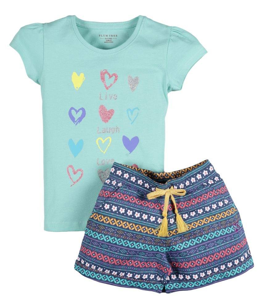     			PLUM TREE Pack of 2 Girls 100% Cotton T-shirt With Shorts ( Blue & Green )