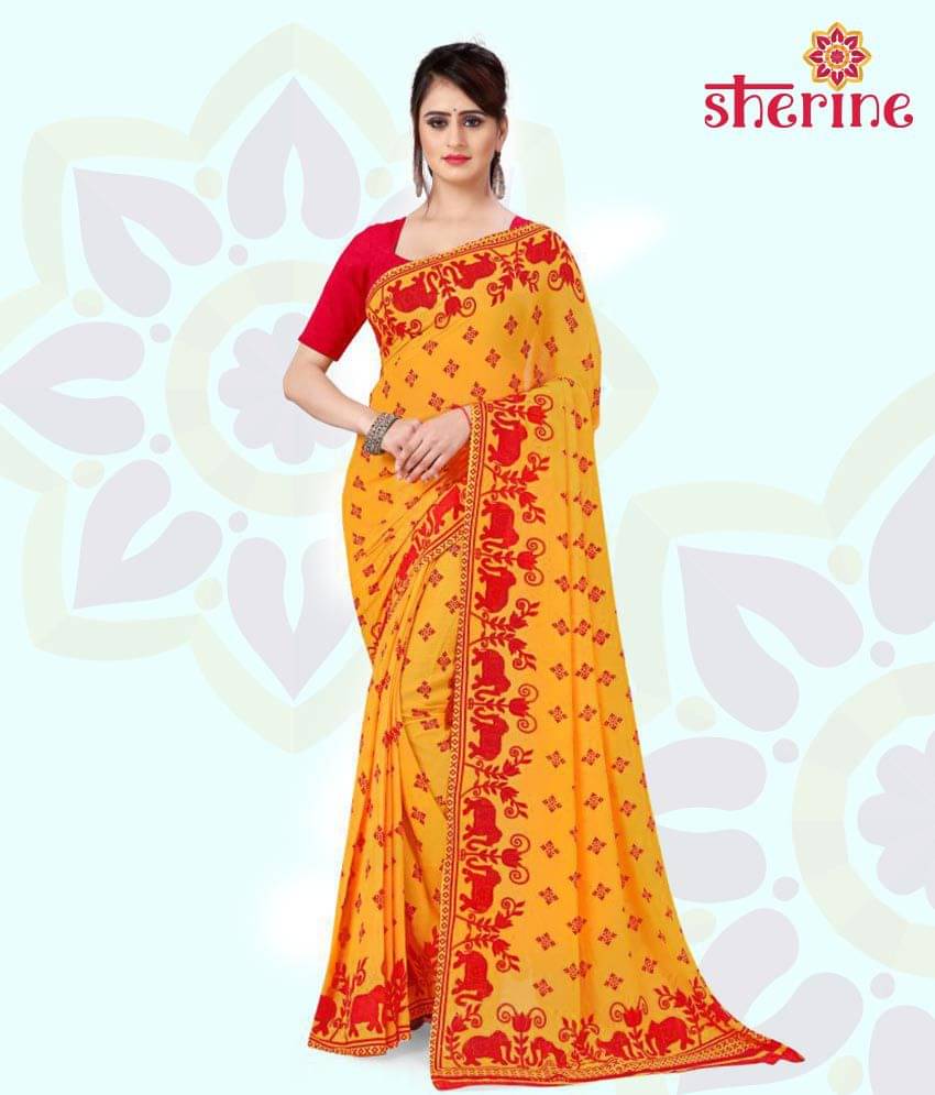 ANAND SAREES Georgette Printed Saree With Unstitched Blouse Piece ( Yellow )     			ANAND SAREES Georgette Printed Saree With Unstitched Blouse Piece ( Yellow )
