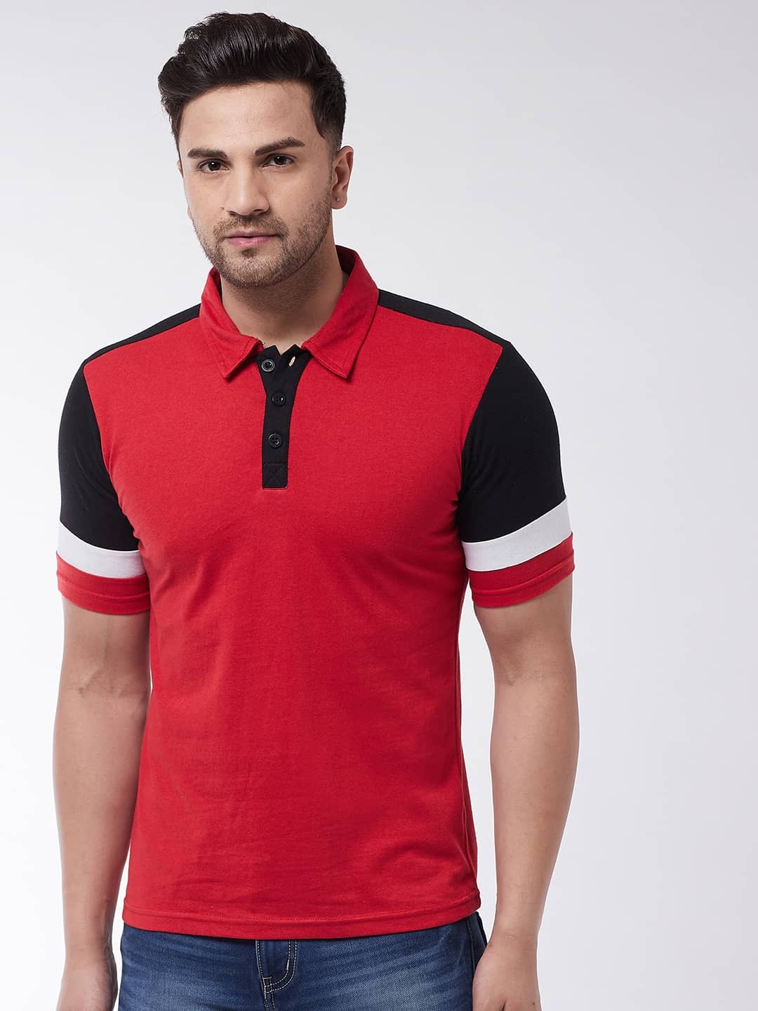 Gritstones Pack of 1 Cotton Blend Regular Fit Colorblock Half Sleeves Men's Polo T Shirt ( Red )