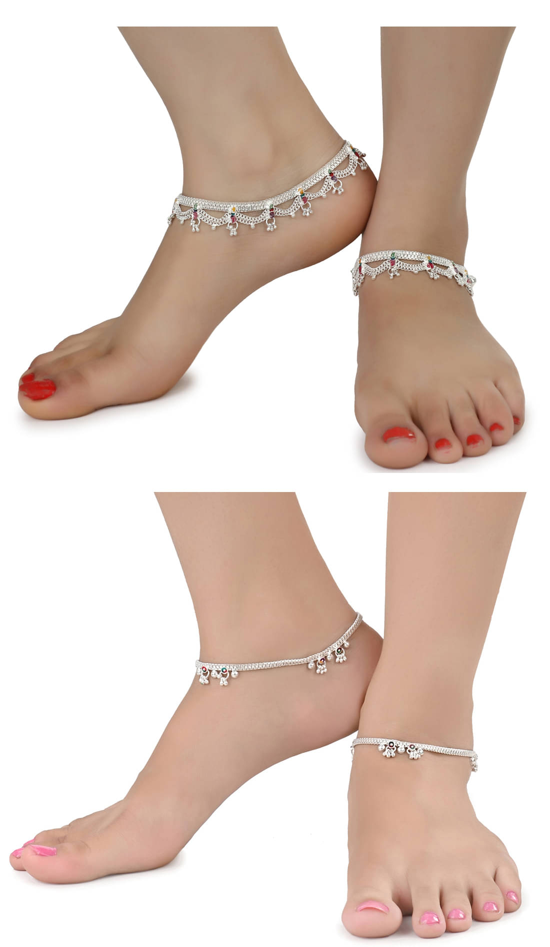     			AanyaCentric Combo of 2 Pair Silver Plated White Metal Indian Traditional Ethnic Payal Anklets