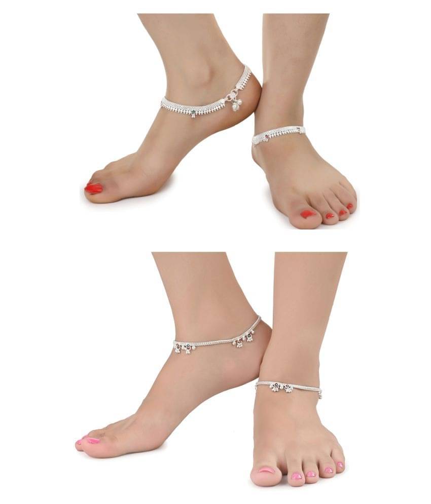     			AanyaCentric Combo of 2 Pair Silver Plated White Metal Indian Traditional Ethnic Payal Anklets