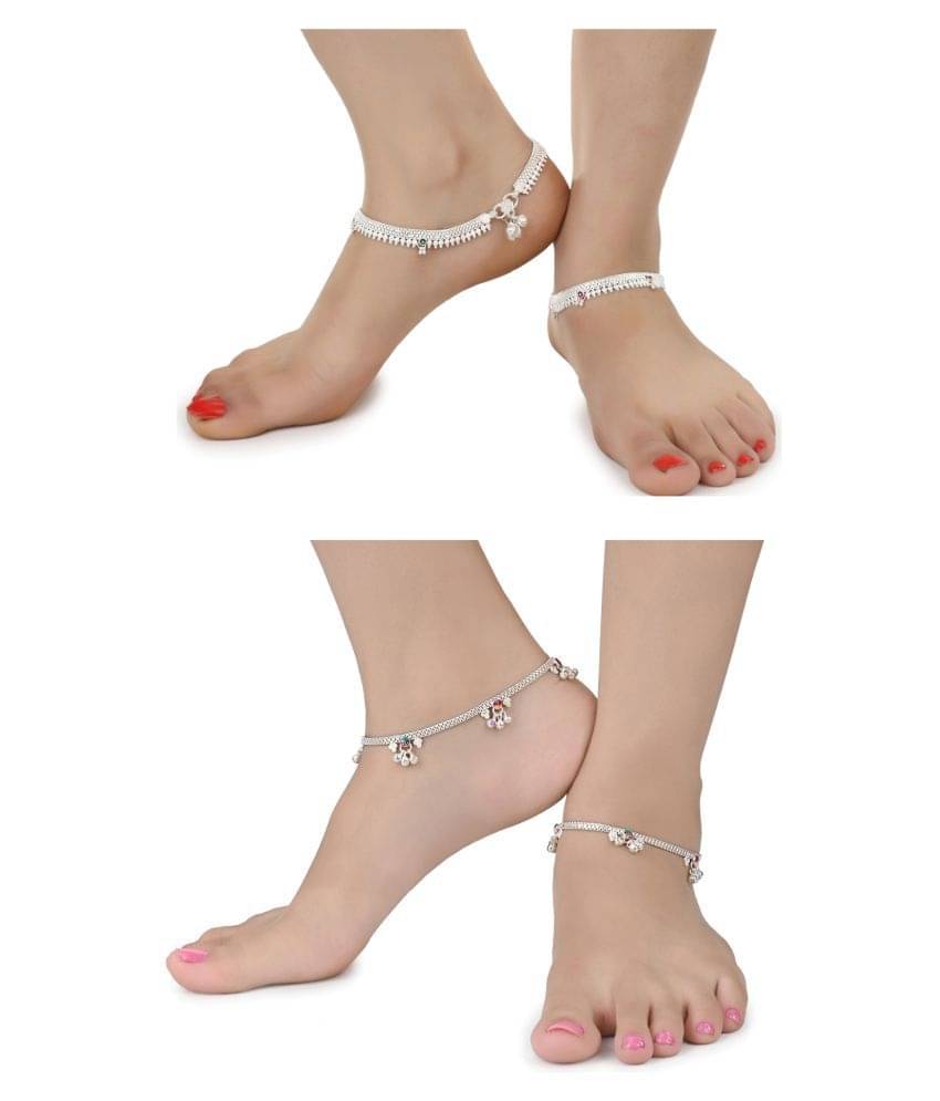 AanyaCentric Combo of 2 Pair Silver Plated White Metal Indian Traditional Ethnic Payal Anklets AanyaCentric Combo of 2 Pair Silver Plated White Metal Indian Traditional Ethnic Payal Anklets