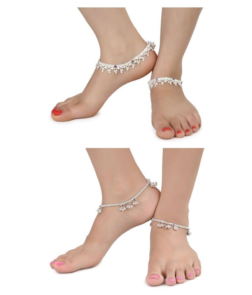 AanyaCentric Combo of 2 Pair Silver Plated White Metal Indian Traditional Ethnic Payal Anklets     			AanyaCentric Combo of 2 Pair Silver Plated White Metal Indian Traditional Ethnic Payal Anklets